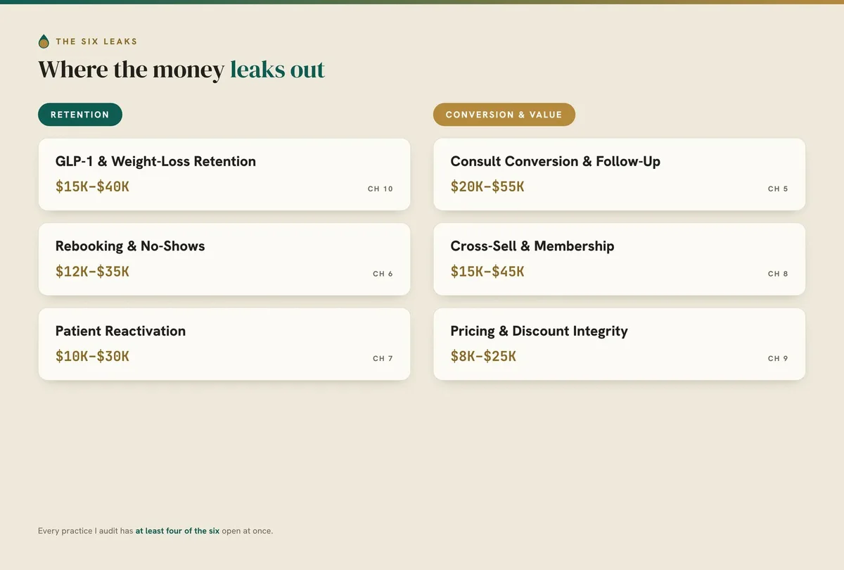 The six leaks in two columns, Retention and Conversion & Value, each with its dollar range and chapter.